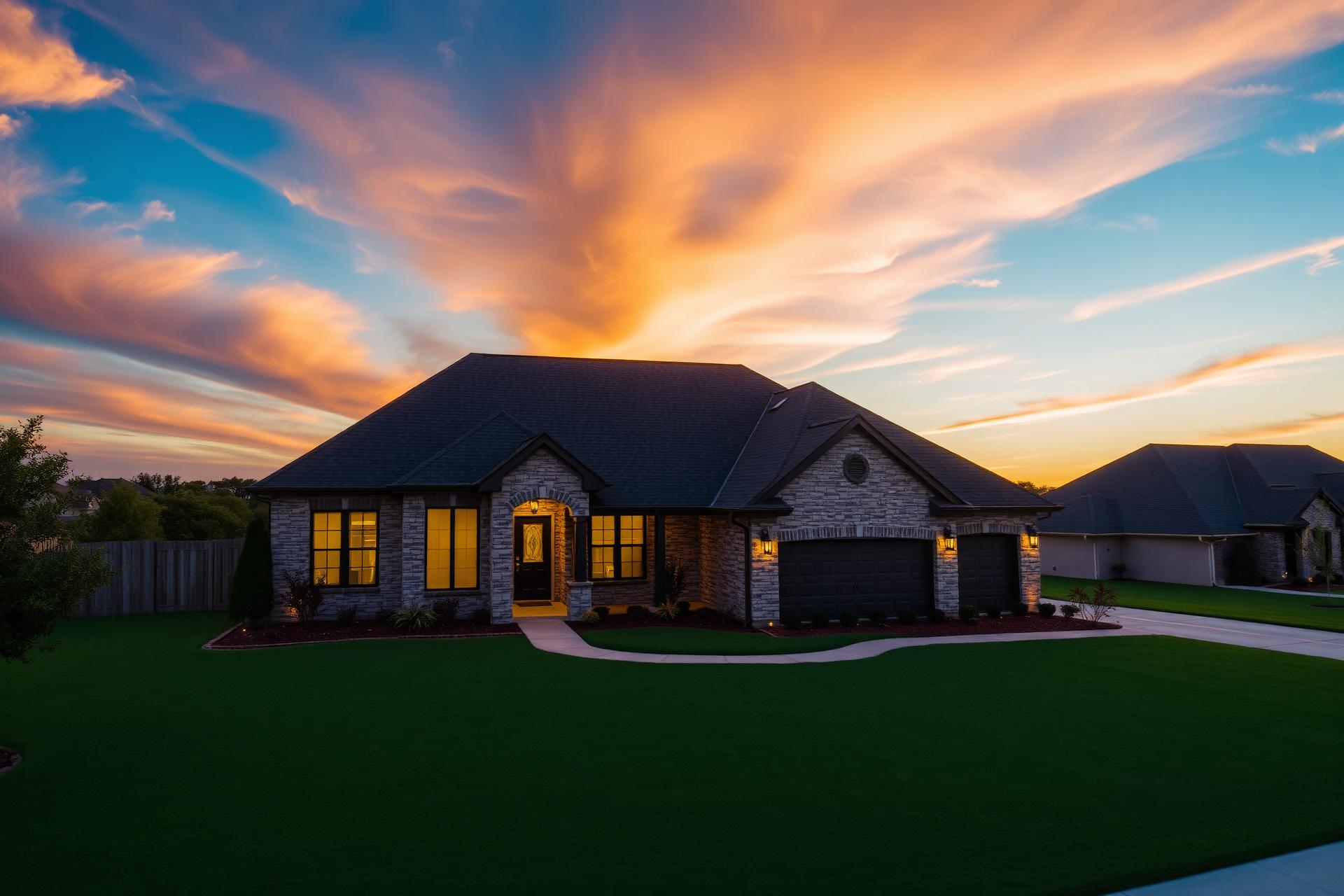 Modern home with a new architectural shingle roof at sunset